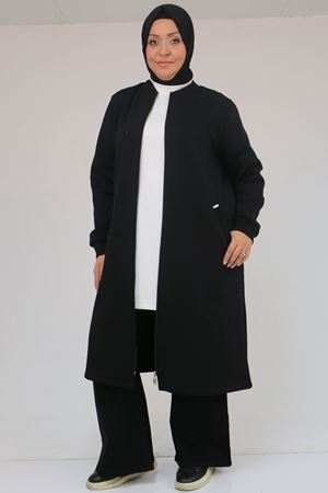 33096 Büyük Beden Fermuarlı Üç İplik  Kap - Siyah