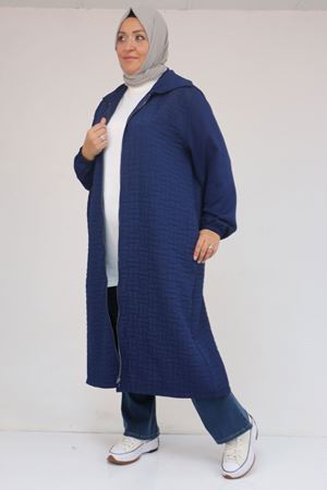 53042 Büyük Beden Kolları Lastikli Modal-Kapitone Kap - İndigo