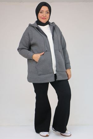 43069 Büyük Beden Eteği Ribanalı Üç İplik Ceket - Antrasit