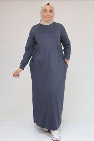 42032 Büyük Beden Beli Lastikli Modal Elbise - Antrasit