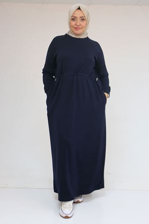 42032 Büyük Beden Beli Lastikli Modal Elbise - Lacivert