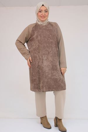 58162 Büyük Beden Garnili Modal Tunik - Vizon