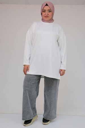 58132 Büyük Beden Önü Çıma Detaylı Yanı Yırtmaçlı Modal Tunik - Ekru