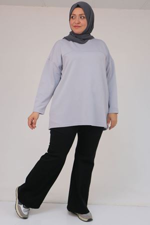 58132 Büyük Beden Önü Çıma Detaylı Yanı Yırtmaçlı Modal Tunik - Gri