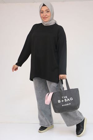 58132 Büyük Beden Önü Çıma Detaylı Yanı Yırtmaçlı Modal Tunik - Siyah