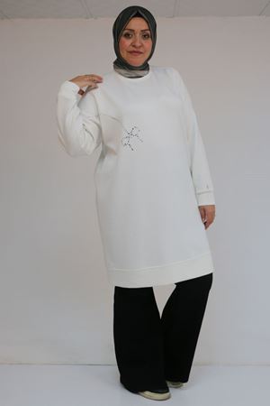 58165 Büyük Beden Taş Baskı Detaylı Modal Tunik - Ekru