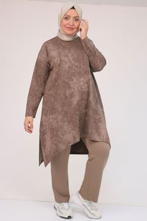 57070 Büyük Beden Önü Simetri Kesim Batik Pantolonlu Takım - Vizon