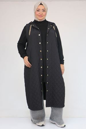 54008-1 Büyük Beden Zincir Kordonlu Modal-Kapitone Yelek - Siyah