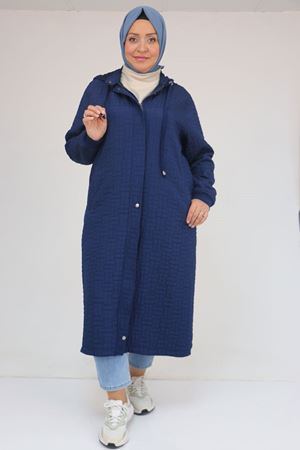 53043 Büyük Beden Yakalı Modal-Kapitone Kap - İndigo