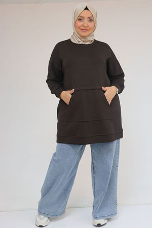 58133 Büyük Beden Kanguru Cepli Modal Tunik - Kahve