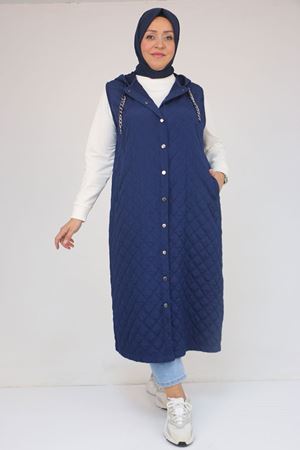 54008 Büyük Beden Zincir Kordonlu Modal-Kapitone Yelek - İndigo