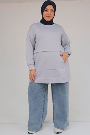 58133 Büyük Beden Kanguru Cepli Modal Tunik - Gri