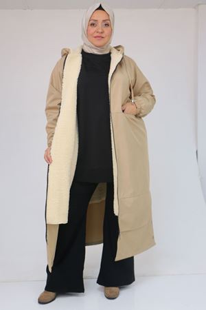 43062 Büyük Beden Kolları Lastikli Kapşonlu Bondit Kap - Bej