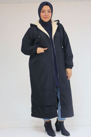 43062 Büyük Beden Kolları Lastikli Kapşonlu Bondit Kap - Lacivert