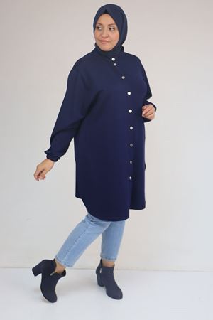 58169 Büyük Beden Hakim Yaka Çıtçıtlı Modal Tunik - İndigo