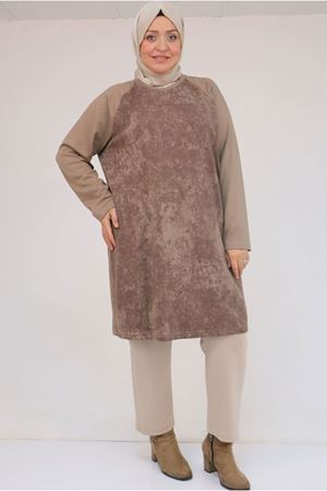 26K58162 - VİZON -  Büyük Beden Garnili Modal Tunik