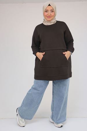 26K58133 - KAHVE - Büyük Beden Kanguru Cepli Modal Tunik 
