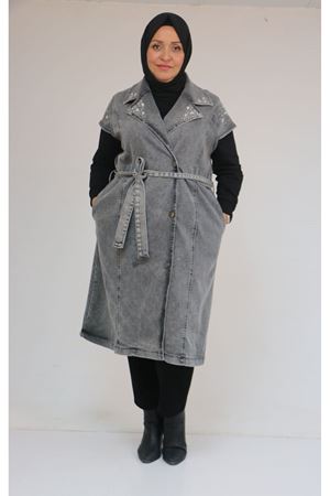 44010 Büyük Beden Yaka Ve Omzu Taş Detaylı Kot Yelek - Siyah