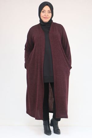 53061 Büyük Beden Cepli Uzun Mir Ceket - Mürdüm