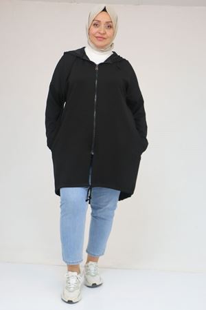 53053 Büyük Beden Eteği Oval Kesim Modal Ceket - Siyah