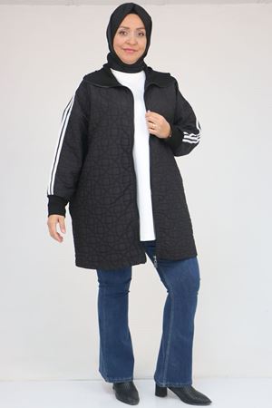53060 Büyük Beden Omuzdan Şeritli Kapitone Fermuarlı Ceket - Siyah-Beyaz