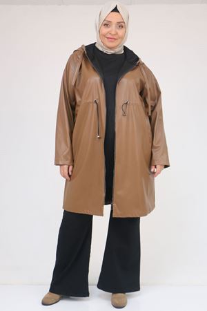 53055 Büyük Beden Bebe Lastik Detaylı Zara Deri Trençkot - Taba