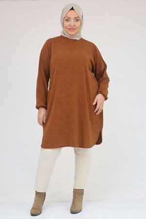 58131 Büyük Beden Kol Ve Etek Uçları Perçinli Mir Tunik - Taba