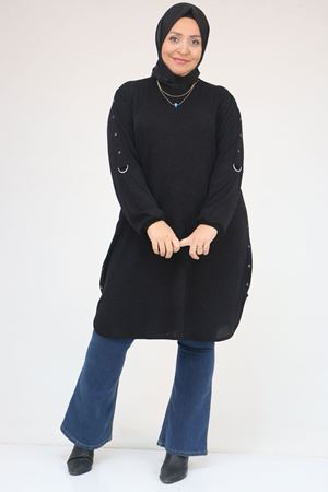 58131 Büyük Beden Kol Ve Etek Uçları Perçinli Mir Tunik - Siyah