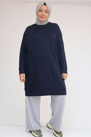 26K58151 - LACİVERT - Büyük Beden Kol Ve Etek Ucu Kendinden Ribanalı Modal Tunik