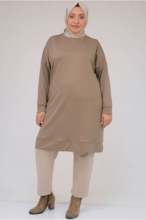 26K58151 - VİZON - Büyük Beden Kol Ve Etek Ucu Kendinden Ribanalı Modal Tunik