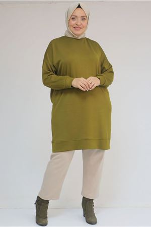 26K58151 - YAĞ  YEŞİLİ - Büyük Beden Kol Ve Etek Ucu Kendinden Ribanalı Modal Tunik