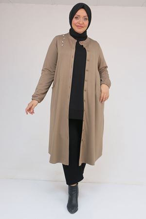 53054 Büyük Beden Boydan Düğmeli Modal Ceket - Vizon