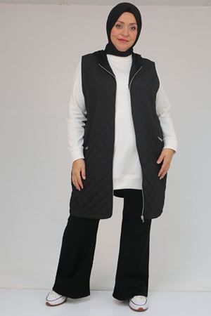 26K54011- SİYAH -  Büyük Beden Cepleri Fermuarlı Modal - Kapitone Yelek 
