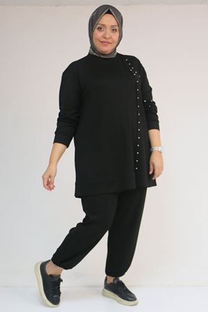 57052 Büyük Beden Pantolon Paçası Lastikli İkili Modal Takım - Siyah