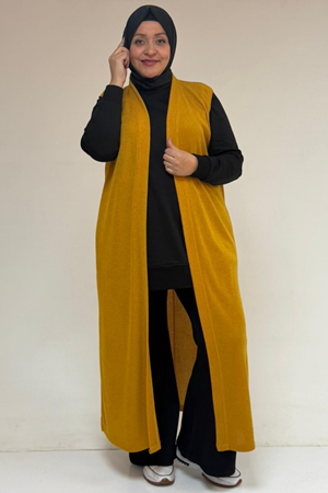 54015 Büyük Beden Yırtmaçlı Cepli Uzun Mir Yelek - Hardal