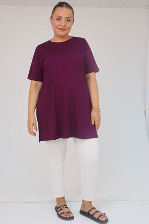 58507 Büyük Beden Yakası Biyeli Penye Tişört - Mürdüm