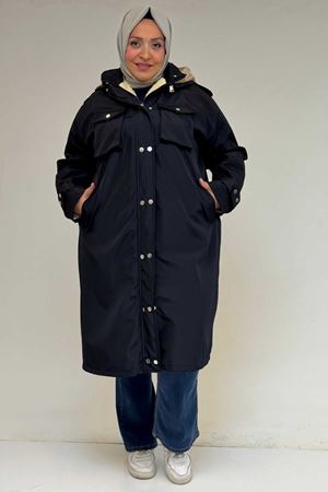 43061 Büyük Beden Kapaklı Cepli Fermuarlı Bondit Kap - Lacivert