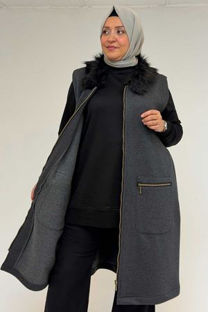 44006 Büyük Beden Cepleri Fermuarlı Üç İplik Yelek - Antrasit