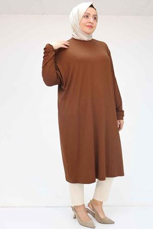 28092 Büyük Beden Düşük Kol Penye Tunik - Kahve