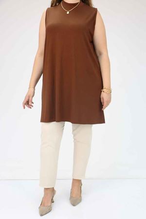 58501 Büyük Beden Hakim Yakalı Penye İçlik - Kahve