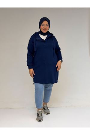 58135 Büyük Beden Kapşonlu Yarım Petlı Modal Tunik - İndigo