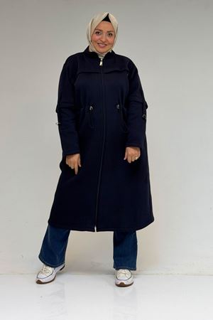 43065 Büyük Beden Hakim Yaka Önden Fermuarlı Üç İplik Kap - Lacivert