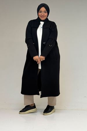 43065 Büyük Beden Hakim Yaka Önden Fermuarlı Üç İplik Kap - Siyah