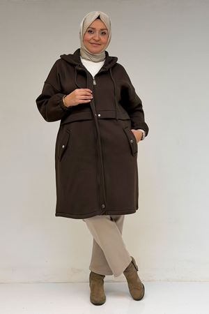 43076 Büyük Beden Cepli Kapşonlu Üç İplik Kap - Kahve