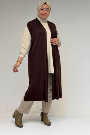 34000 Büyük Beden Penye Giy-Çık Yelek - Kahverengi