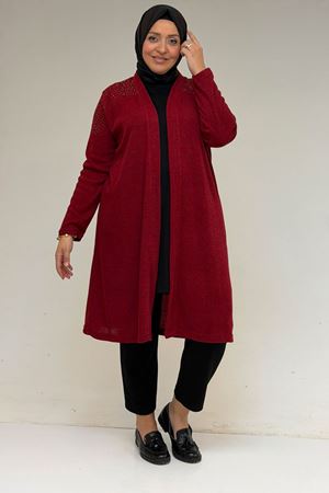 53047 Büyük Beden Omzu Taş Detaylı Mir Ceket - Bordo