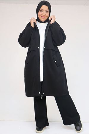26K43076 - SİYAH - Büyük Beden Cepli Kapşonlu Üç İplik Kap