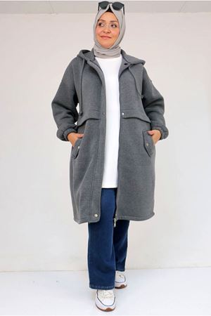26K43076 - ANTRASİT - Büyük Beden Cepli Kapşonlu Üç İplik Kap