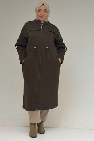 43065 Büyük Beden Hakim Yaka Önden Fermuarlı Üç İplik Kap - Kahve