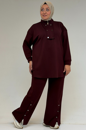57034 Büyük Beden Çift Düğme Detaylı Modal Pantolonlu Takım - Bordo
